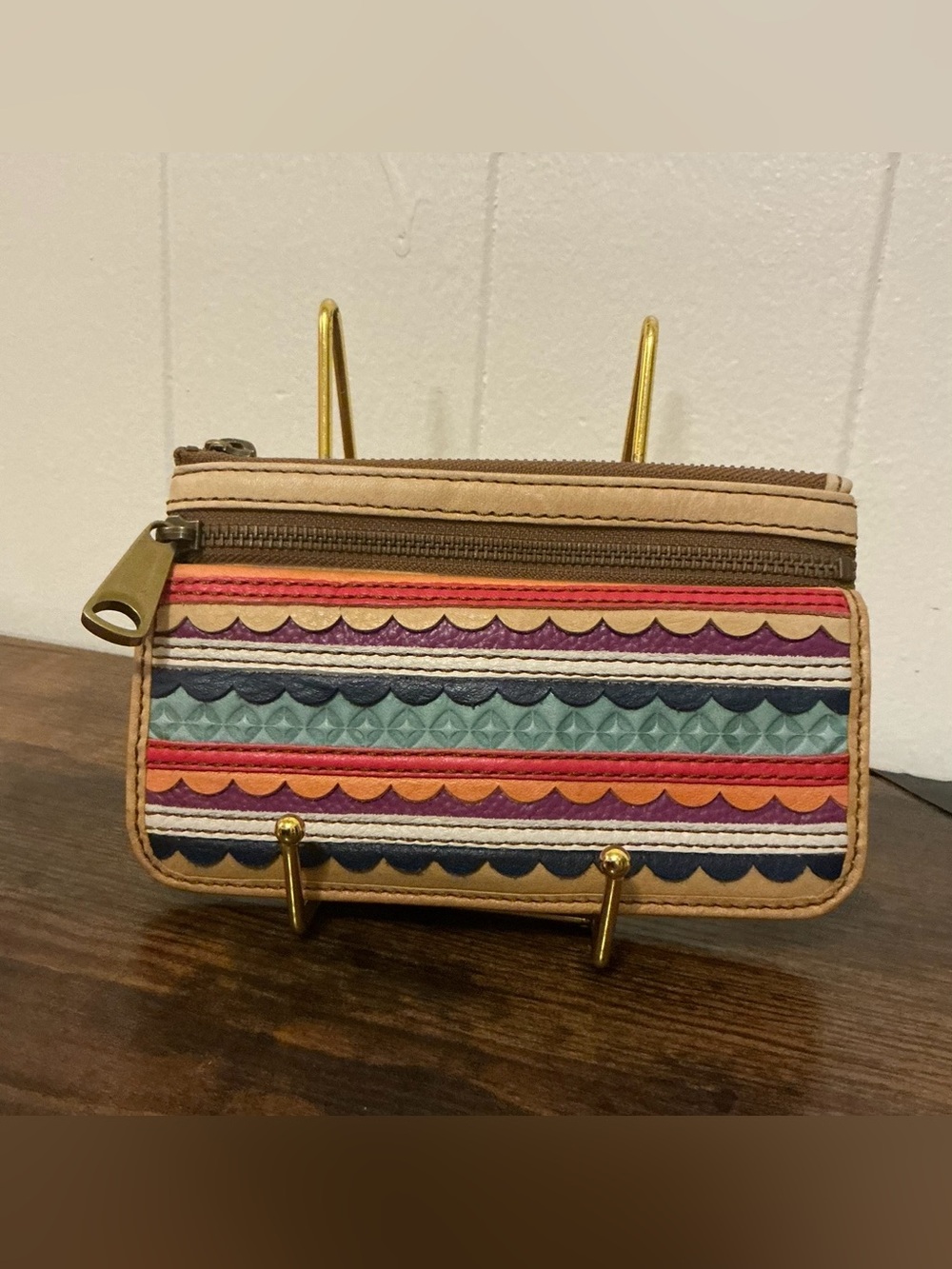 A Rare Fossil Vintage Leather Striped Multi Colored Clutch Wallet Clutch Bag